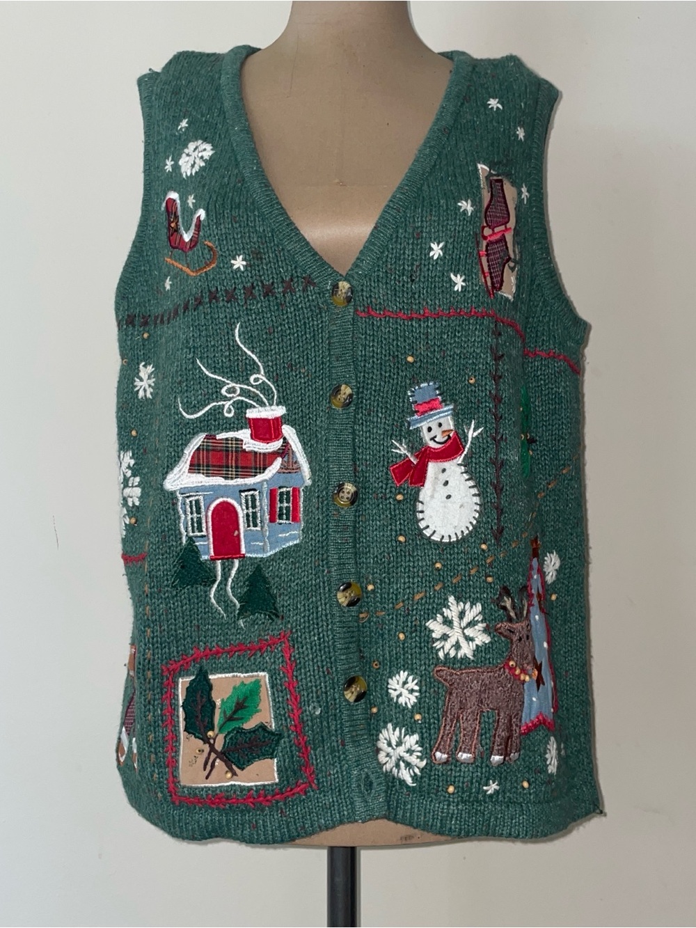 Green Holiday Knit Vest with Snowman & Reindeer Embroidery
